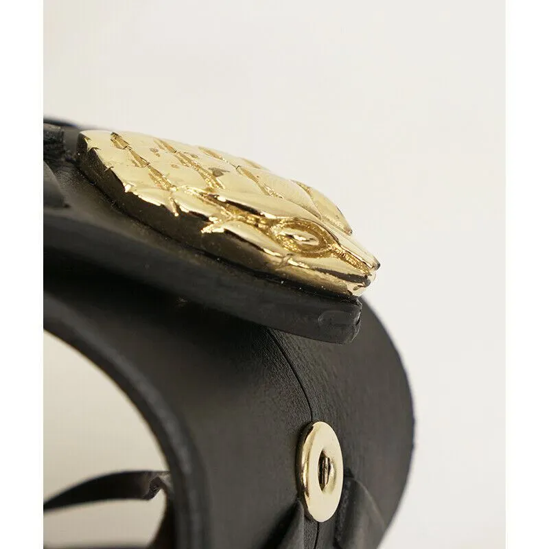 NEW $725 ROBERTO CAVALLI Black Leather GOLD SNAKE HEAD Rocker Chic CUFF BRACELET