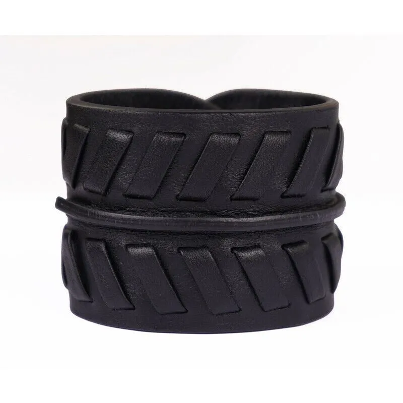 NEW $725 ROBERTO CAVALLI Black Leather GOLD SNAKE HEAD Rocker Chic CUFF BRACELET