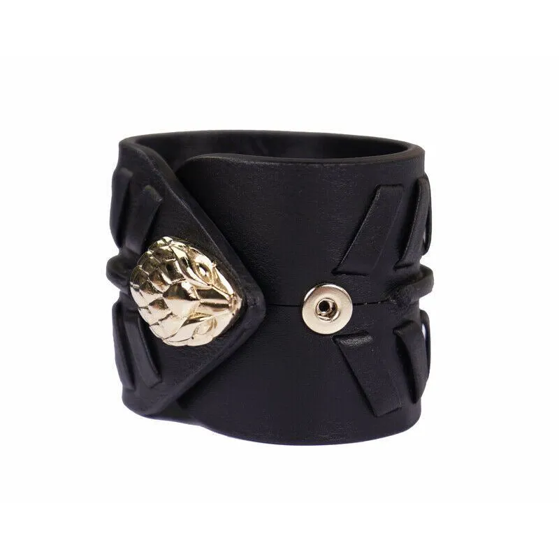 NEW $725 ROBERTO CAVALLI Black Leather GOLD SNAKE HEAD Rocker Chic CUFF BRACELET
