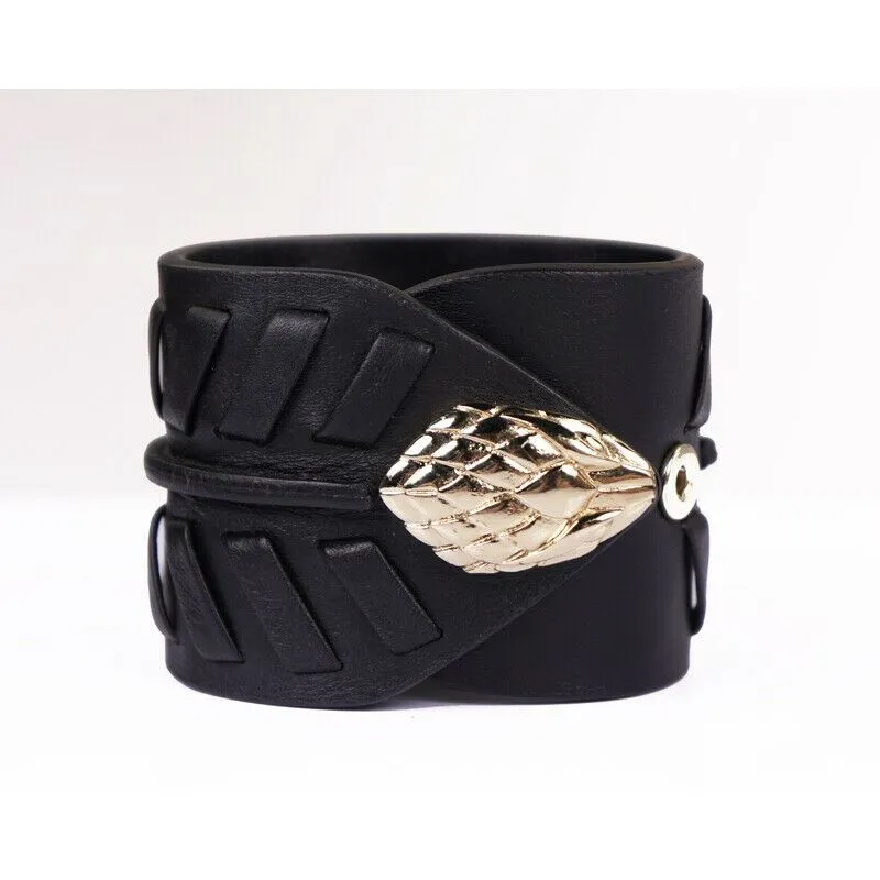 NEW $725 ROBERTO CAVALLI Black Leather GOLD SNAKE HEAD Rocker Chic CUFF BRACELET