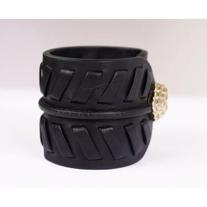 NEW $725 ROBERTO CAVALLI Black Leather GOLD SNAKE HEAD Rocker Chic CUFF BRACELET