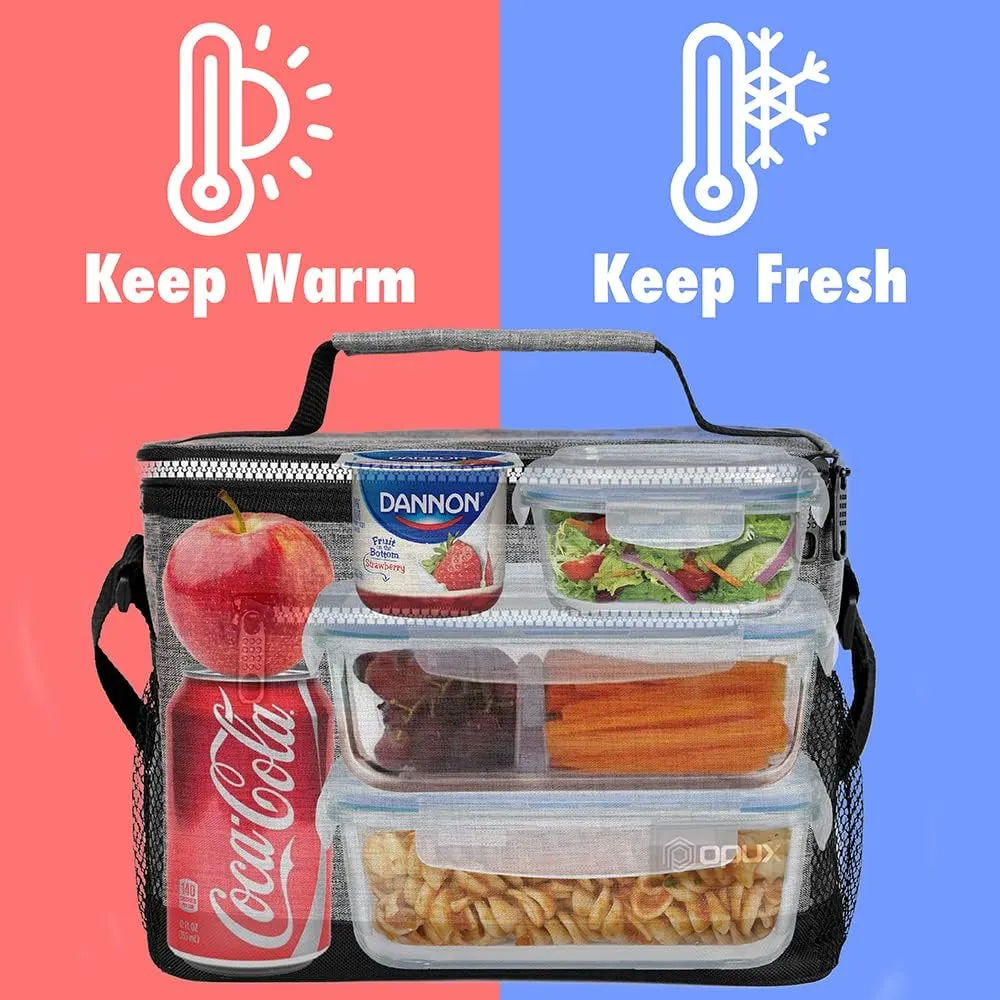 opux Insulated Lunch Box Men Women, Lunch Bag for Work School, Leakproof Soft Cooler Tote Adult, Large Lunch Pail Kids Boys Girls, Picnic Beach Food Bag with Shoulder Strap, Black