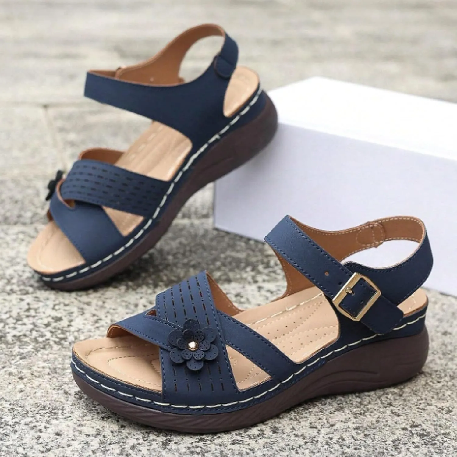 Orthopedic Wide Sandals for Women 2025 Dressy Strappy Arch Support Flat Wedge Sandals Walking Women Open Toe Ankle Strap Comfortable Platform Slip-On Shoes for Summer Beach Casual