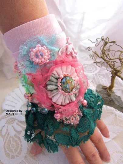Pink Cuff Bracelet,Romantic Bracelet,Embroidered Bracelet