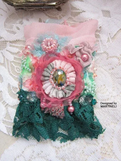Pink Cuff Bracelet,Romantic Bracelet,Embroidered Bracelet