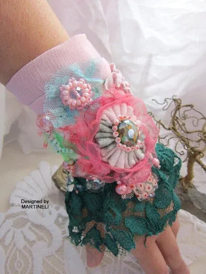 Pink Cuff Bracelet,Romantic Bracelet,Embroidered Bracelet