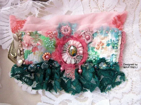 Pink Cuff Bracelet,Romantic Bracelet,Embroidered Bracelet