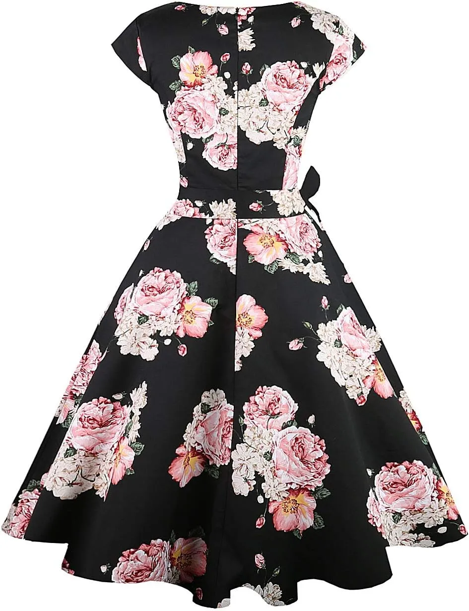 PUKAVT Women's 1950 Boatneck Cap Sleeve Vintage Swing Cocktail Party Dress with Pockets