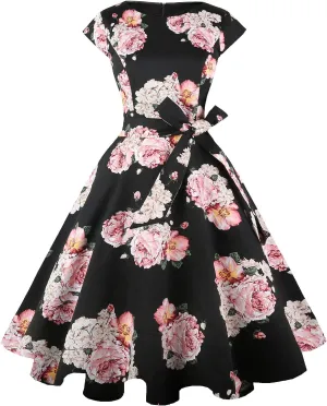 PUKAVT Women's 1950 Boatneck Cap Sleeve Vintage Swing Cocktail Party Dress with Pockets