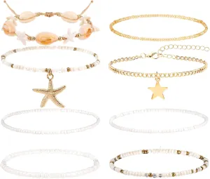 Shell Ankle Bracelets for Women Adjustable Boho Anklets for Women Waterproof Summer Beach Pearl Starfish Conch Foot Jewelry
