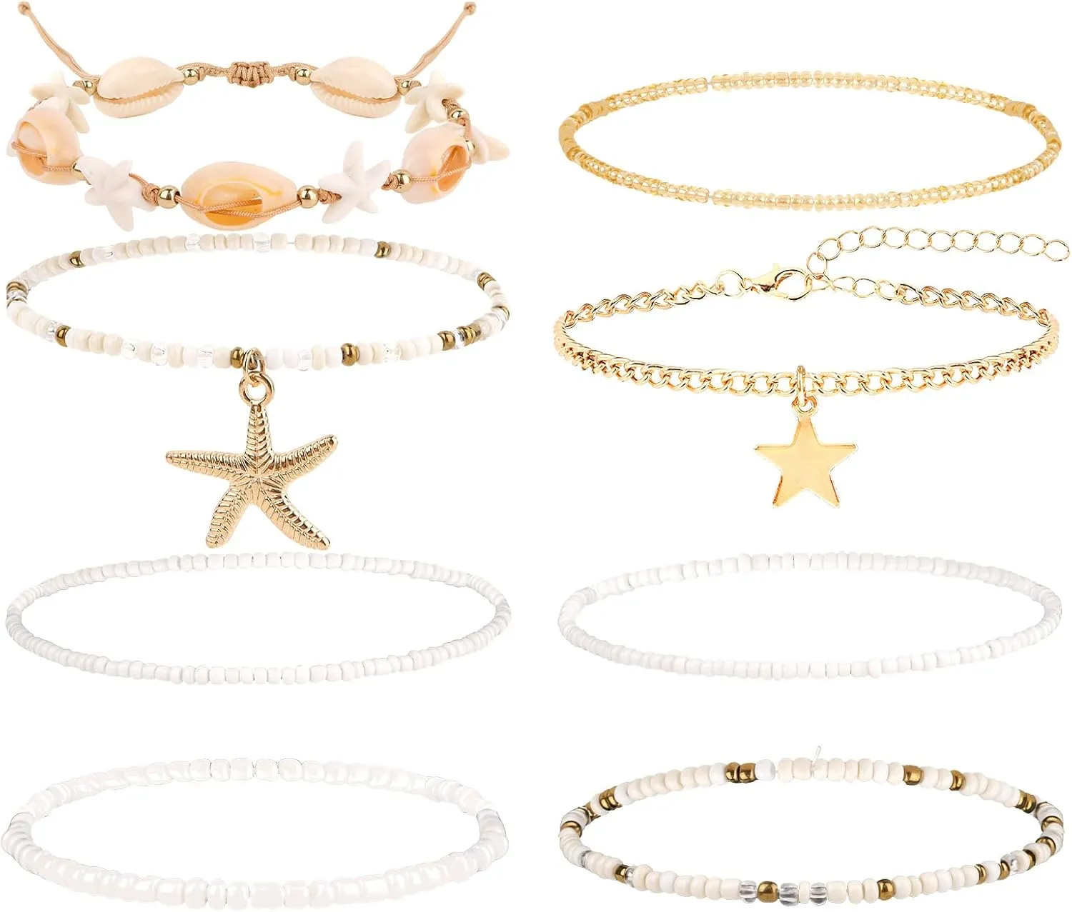 Shell Ankle Bracelets for Women Adjustable Boho Anklets for Women Waterproof Summer Beach Pearl Starfish Conch Foot Jewelry