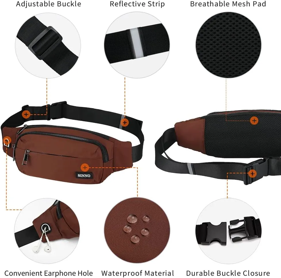 SINNO Large Crossbody Fanny Pack for Women Men Belt Bag With 4-Zipper Pockets for Travel Running Hiking Workout Dog Walking Outdoors Sport Fishing Waist Pack Bag Carrying All Phones