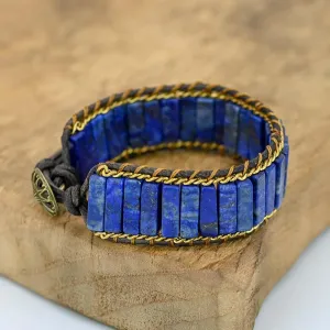 SofiaCreations Lapis Lazuli Bracelet, Natural Gemstone Crystal Tube Beads Handmade Cuff Wrap Bradied Leather Bracelet, Lapis Lazuli Beads Friendship Bracelets, Fits 6-8" wrists