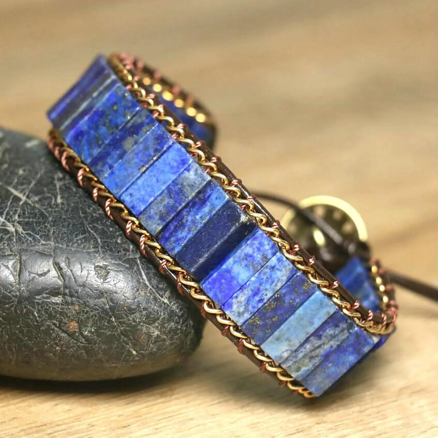 SofiaCreations Lapis Lazuli Bracelet, Natural Gemstone Crystal Tube Beads Handmade Cuff Wrap Bradied Leather Bracelet, Lapis Lazuli Beads Friendship Bracelets, Fits 6-8" wrists