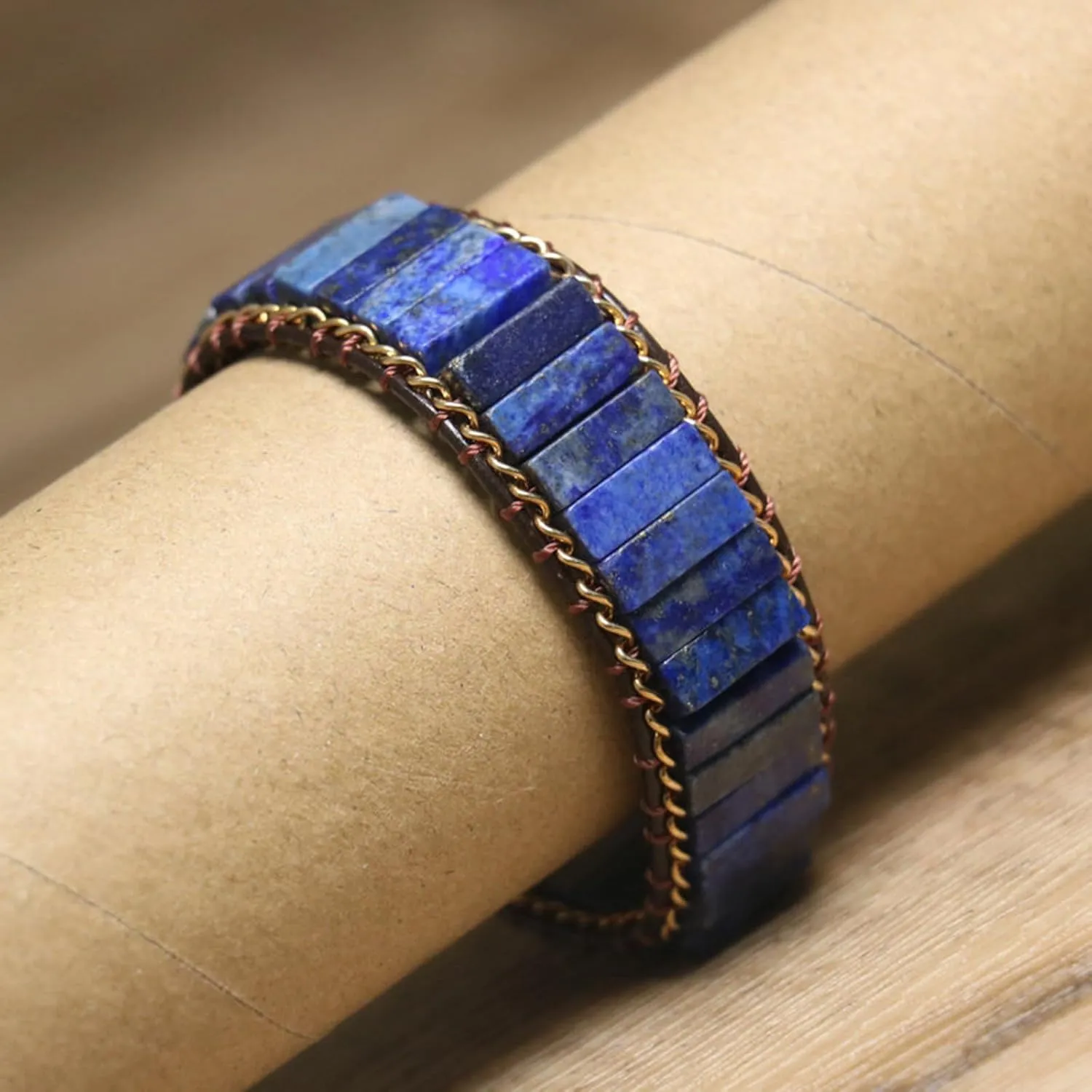 SofiaCreations Lapis Lazuli Bracelet, Natural Gemstone Crystal Tube Beads Handmade Cuff Wrap Bradied Leather Bracelet, Lapis Lazuli Beads Friendship Bracelets, Fits 6-8" wrists