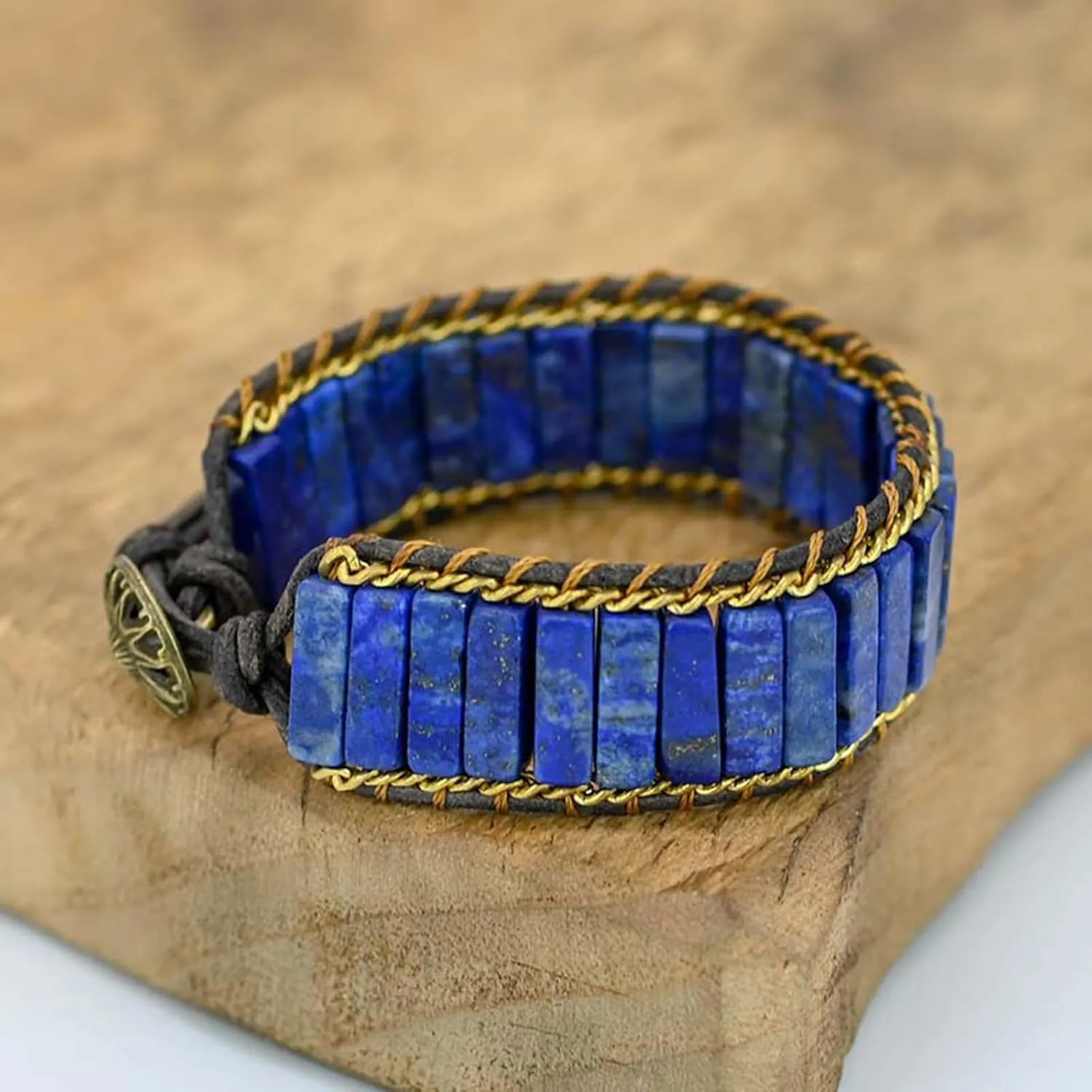SofiaCreations Lapis Lazuli Bracelet, Natural Gemstone Crystal Tube Beads Handmade Cuff Wrap Bradied Leather Bracelet, Lapis Lazuli Beads Friendship Bracelets, Fits 6-8" wrists