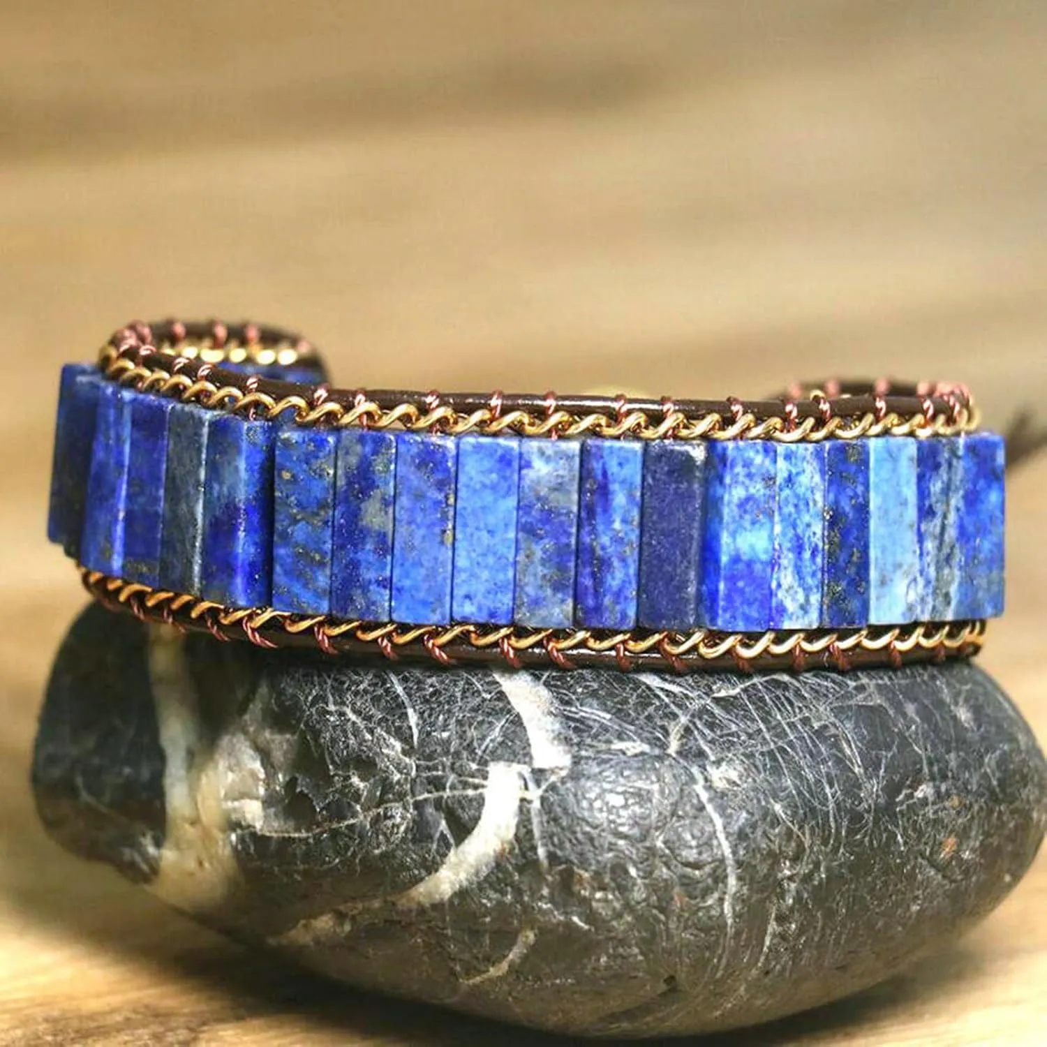 SofiaCreations Lapis Lazuli Bracelet, Natural Gemstone Crystal Tube Beads Handmade Cuff Wrap Bradied Leather Bracelet, Lapis Lazuli Beads Friendship Bracelets, Fits 6-8" wrists
