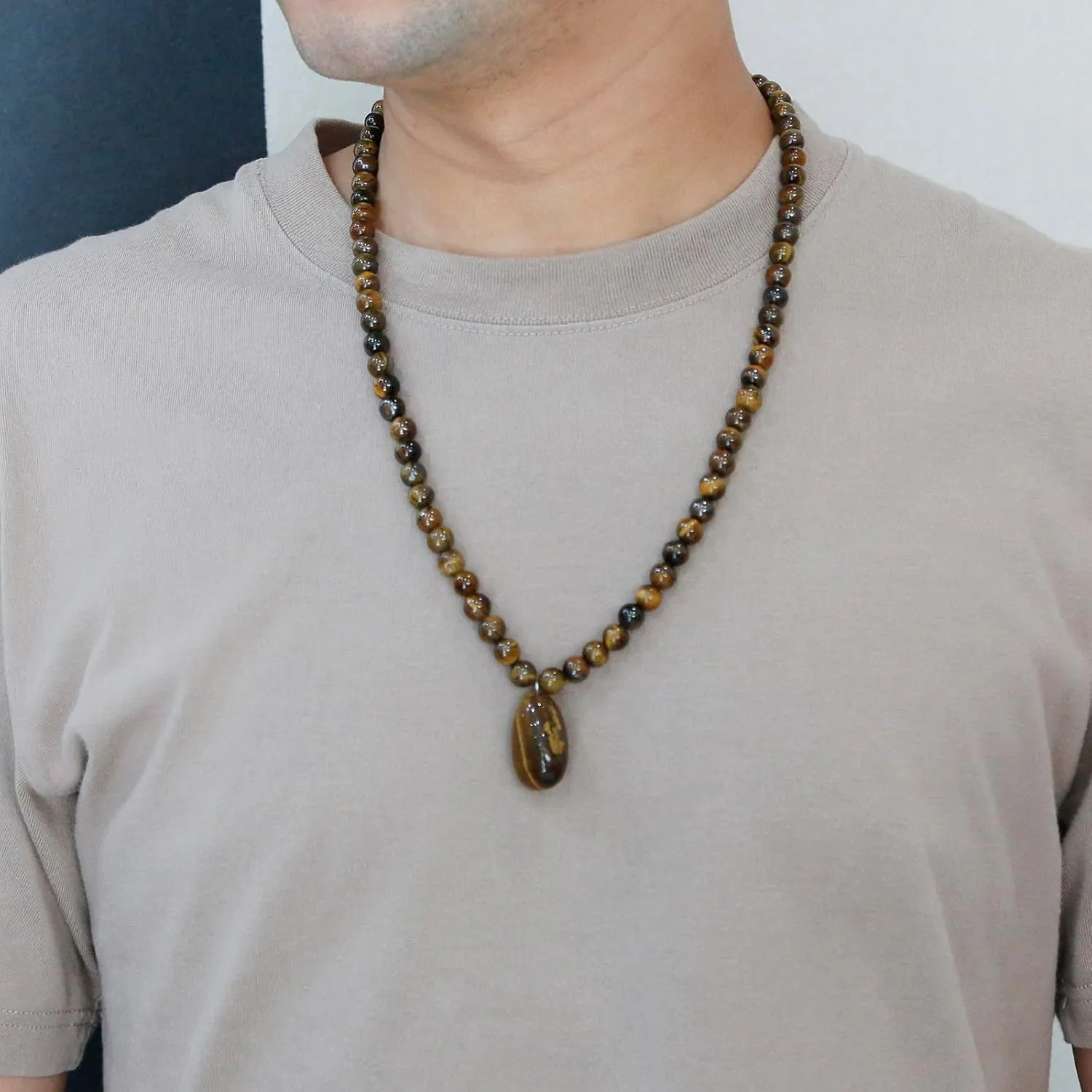 Stone Beaded Crystal Necklace for Men, Tiger Eye Beaded Necklace Natural Stone Pendant Necklace Gold Cross Necklace