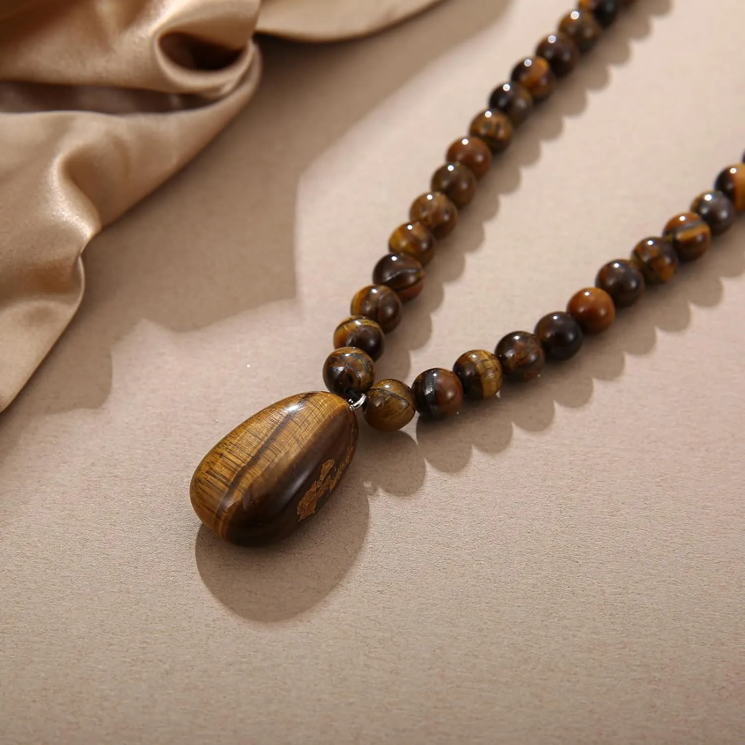 Stone Beaded Crystal Necklace for Men, Tiger Eye Beaded Necklace Natural Stone Pendant Necklace Gold Cross Necklace