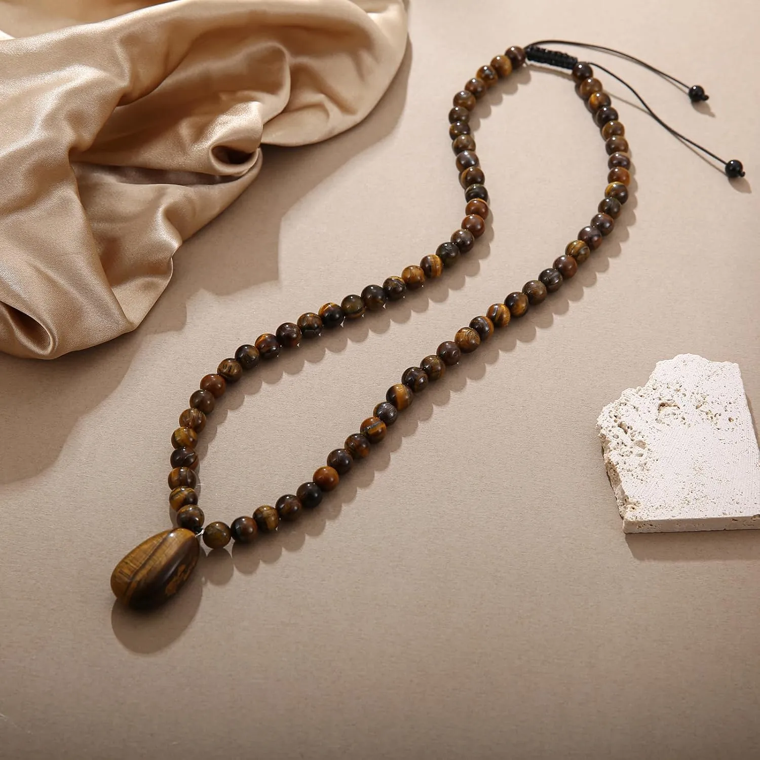 Stone Beaded Crystal Necklace for Men, Tiger Eye Beaded Necklace Natural Stone Pendant Necklace Gold Cross Necklace