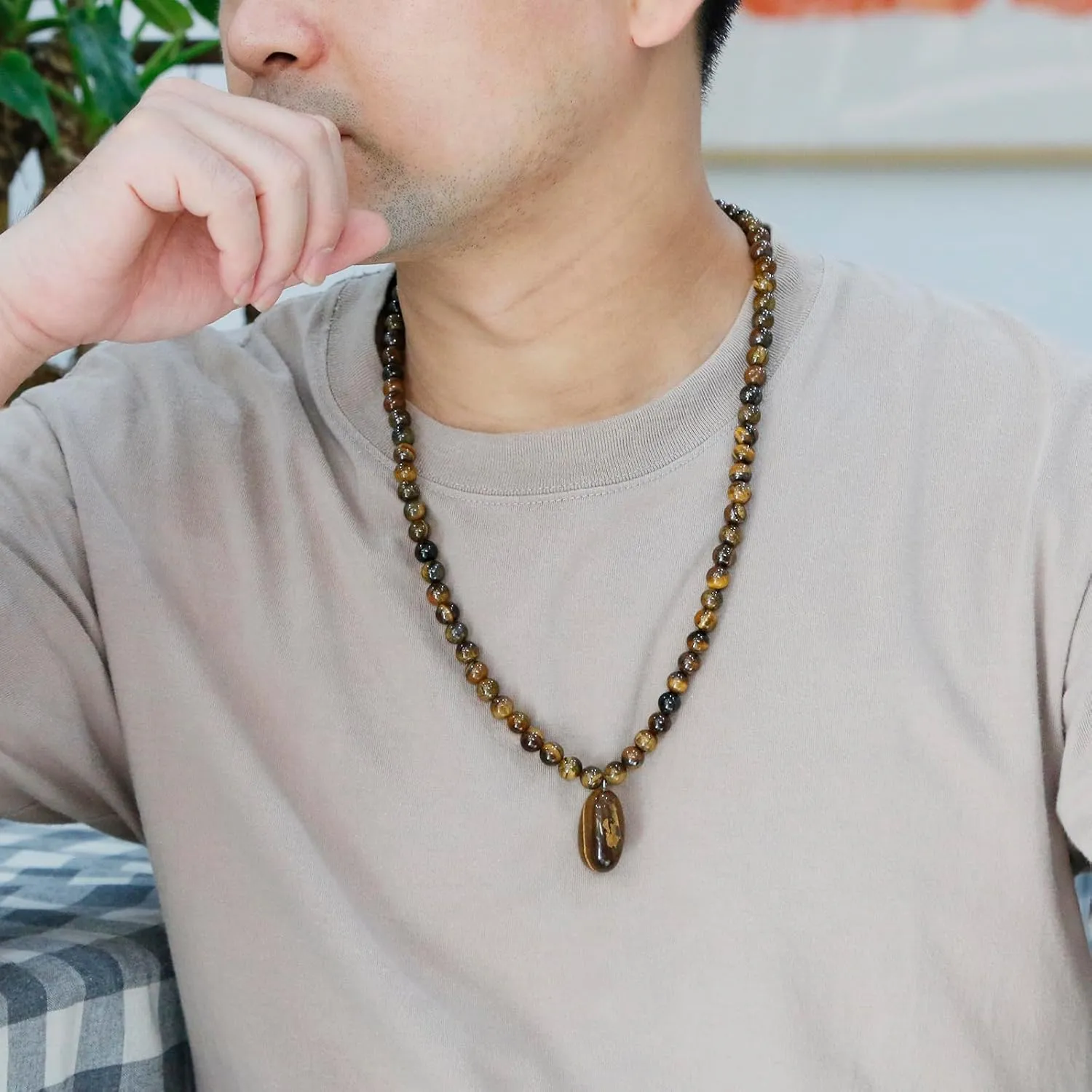 Stone Beaded Crystal Necklace for Men, Tiger Eye Beaded Necklace Natural Stone Pendant Necklace Gold Cross Necklace