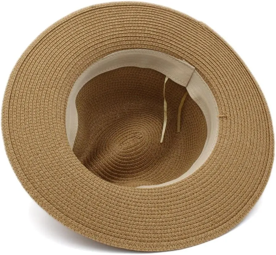 Straw Panama Hats Women Wide Brim Fedora Cap Summer Beach Fedora Sun Hat UPF with Turquoise Leather Band
