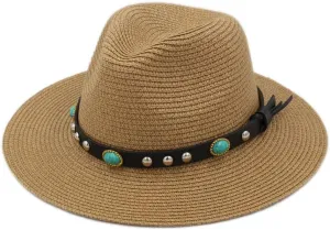 Straw Panama Hats Women Wide Brim Fedora Cap Summer Beach Fedora Sun Hat UPF with Turquoise Leather Band