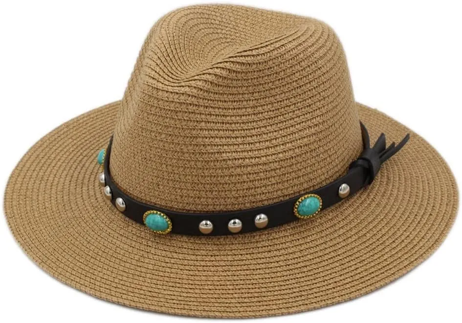 Straw Panama Hats Women Wide Brim Fedora Cap Summer Beach Fedora Sun Hat UPF with Turquoise Leather Band