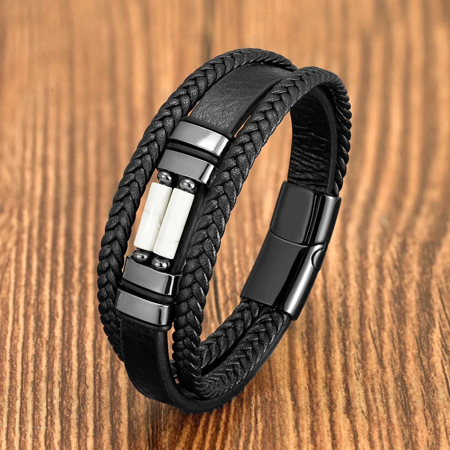 Vintage Multilayer Leather Men Bracelet Bohemia Chakra Stone Bead Bracelet Stainless Steel Jewelry Male Wrist Gift