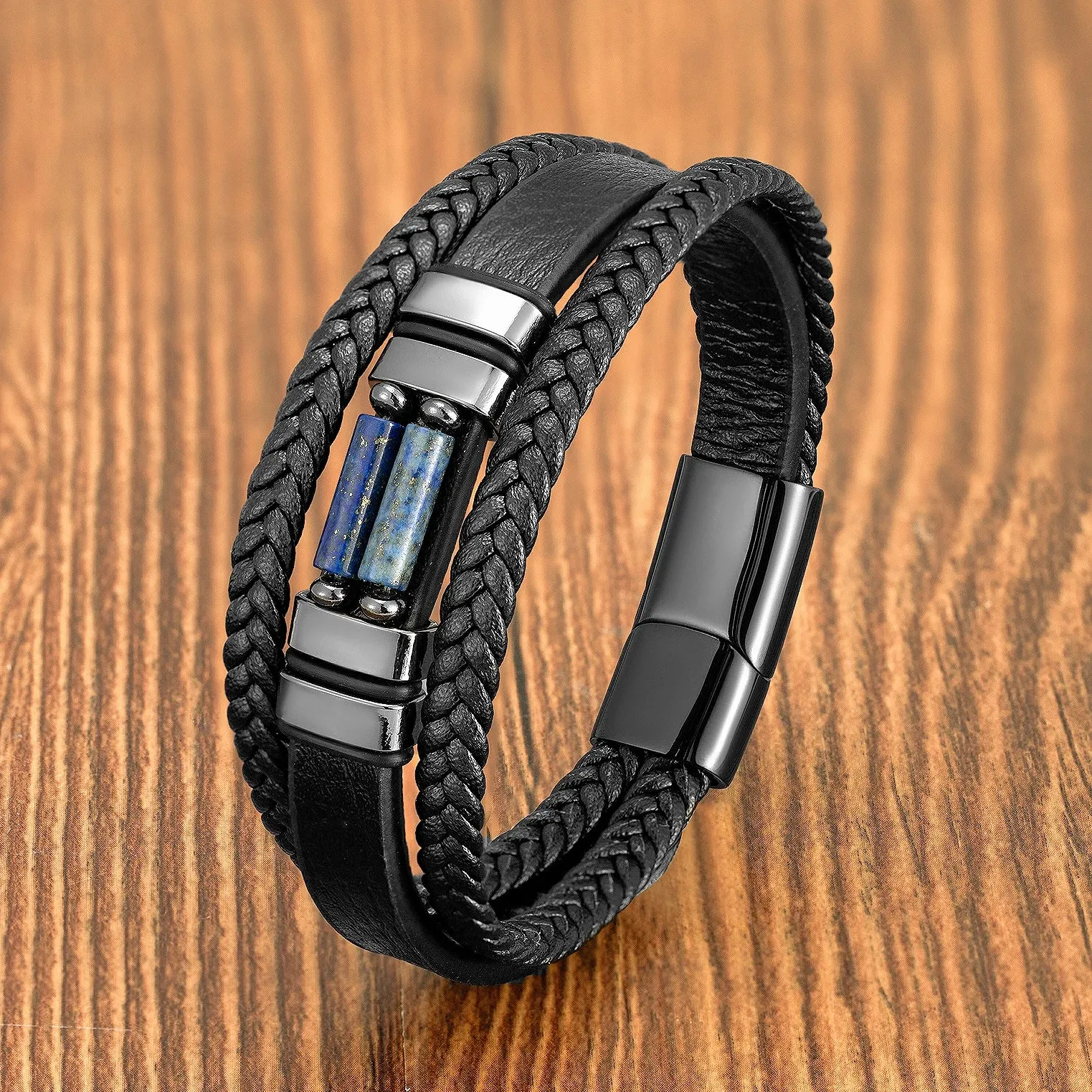 Vintage Multilayer Leather Men Bracelet Bohemia Chakra Stone Bead Bracelet Stainless Steel Jewelry Male Wrist Gift