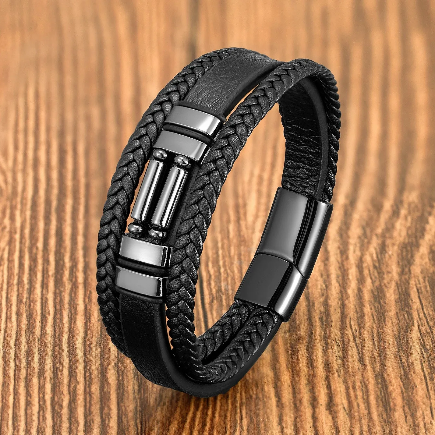 Vintage Multilayer Leather Men Bracelet Bohemia Chakra Stone Bead Bracelet Stainless Steel Jewelry Male Wrist Gift