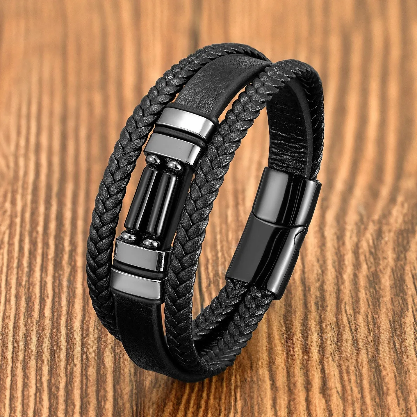 Vintage Multilayer Leather Men Bracelet Bohemia Chakra Stone Bead Bracelet Stainless Steel Jewelry Male Wrist Gift