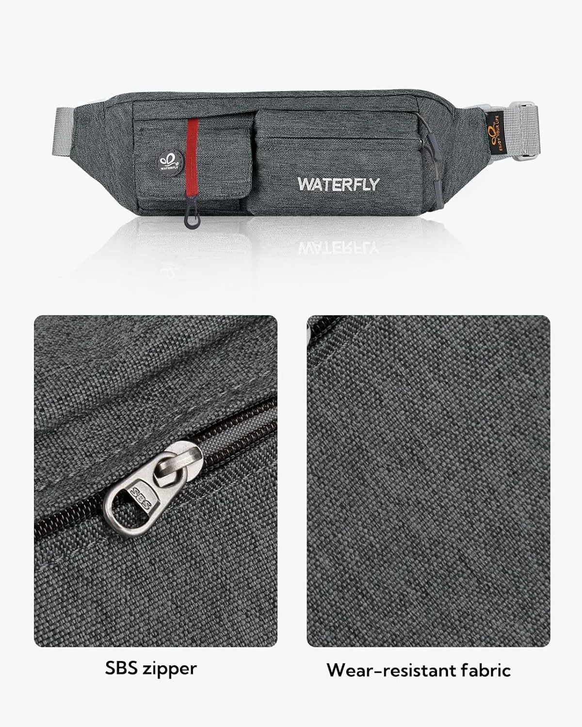 WATERFLY Fanny Pack for Women Men Water Resistant Small Waist Pouch Slim Belt Bag with 4 Pockets for Running Travelling Hiking Walking Lightweight Crossbody Chest Bag Fit All Phones