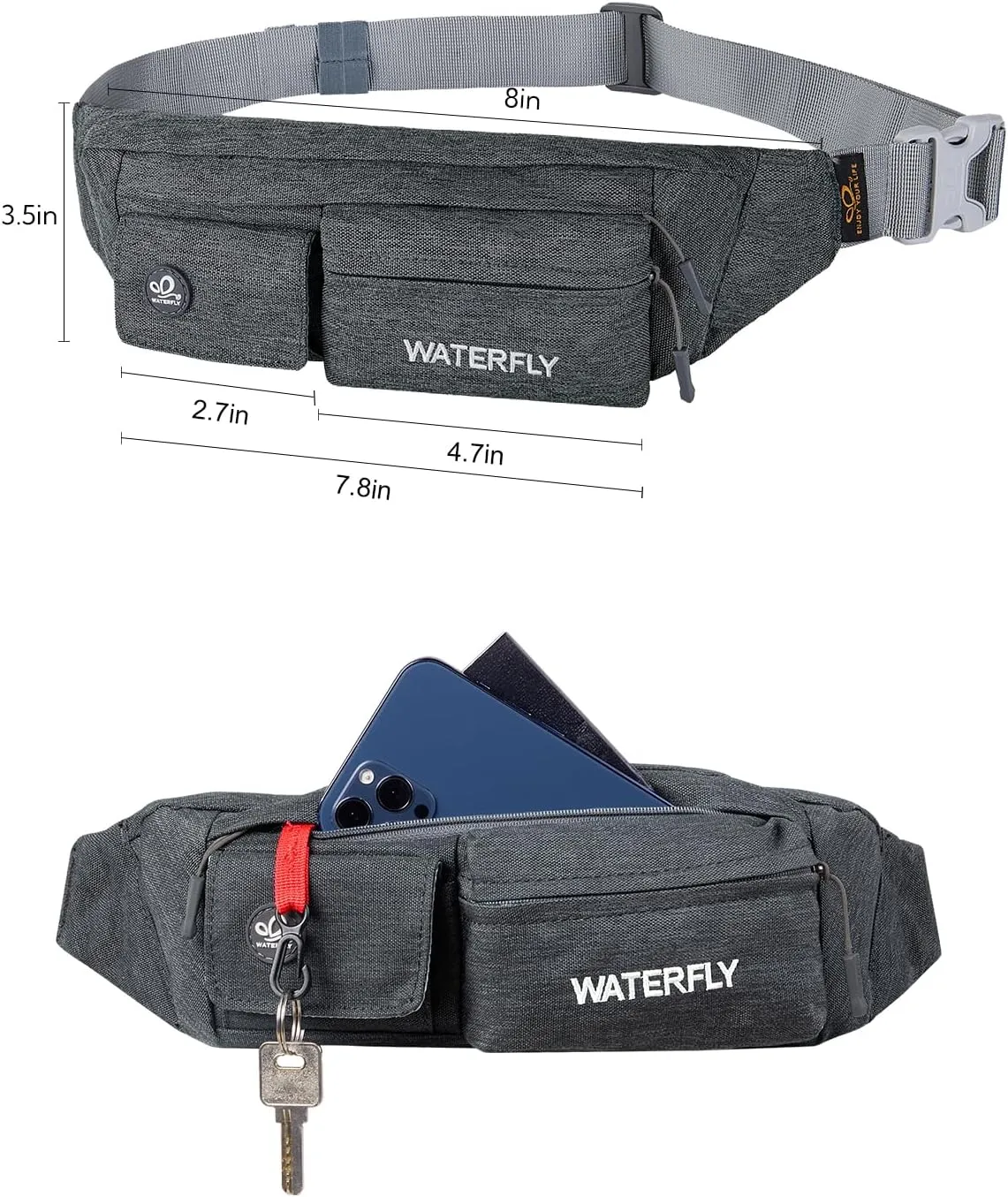 WATERFLY Fanny Pack for Women Men Water Resistant Small Waist Pouch Slim Belt Bag with 4 Pockets for Running Travelling Hiking Walking Lightweight Crossbody Chest Bag Fit All Phones