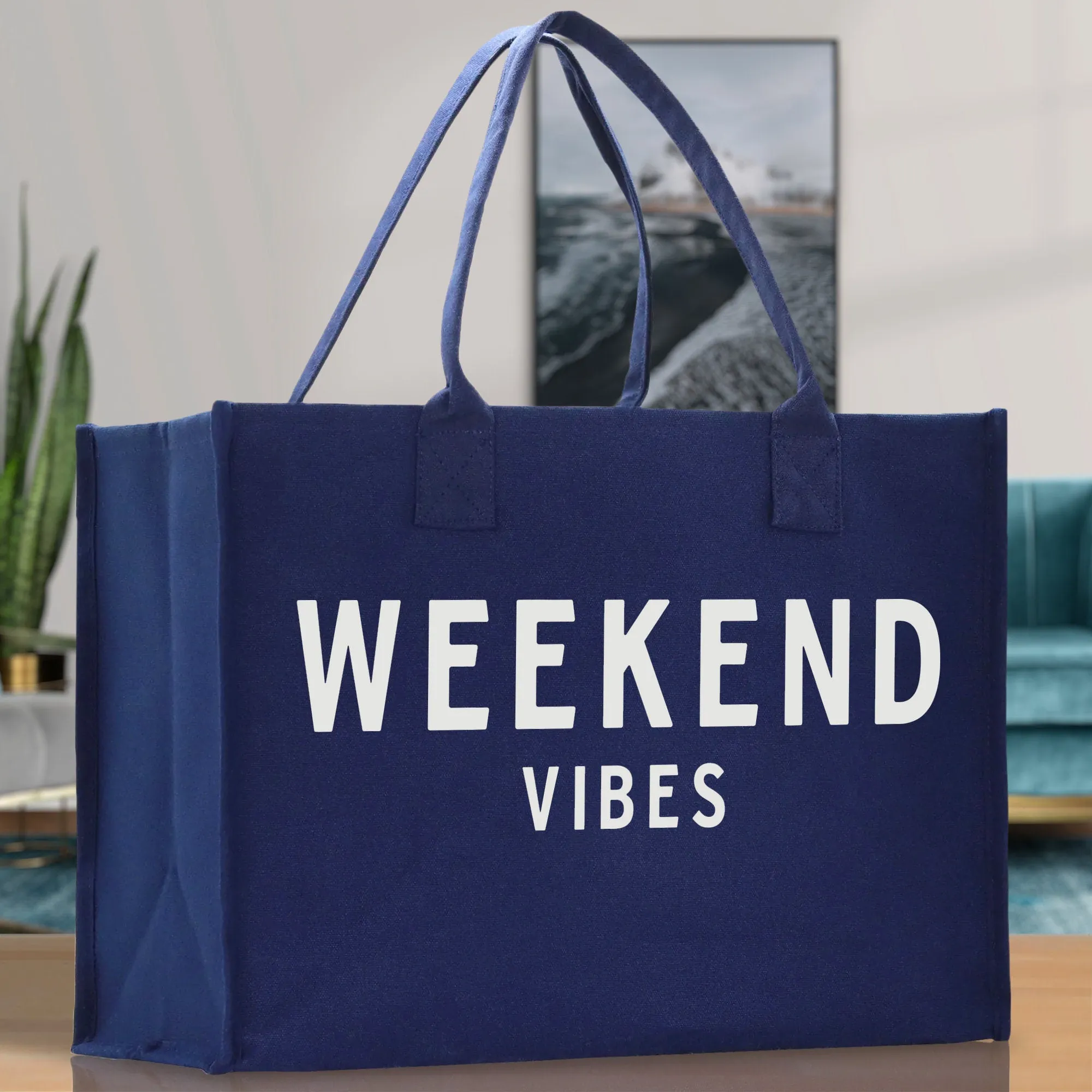 Weekend Vibes Cotton Canvas Chic Beach Tote Bag Multipurpose Tote Weekender Tote Gift for Her Outdoor Tote Vacation Tote Large Beach Bag