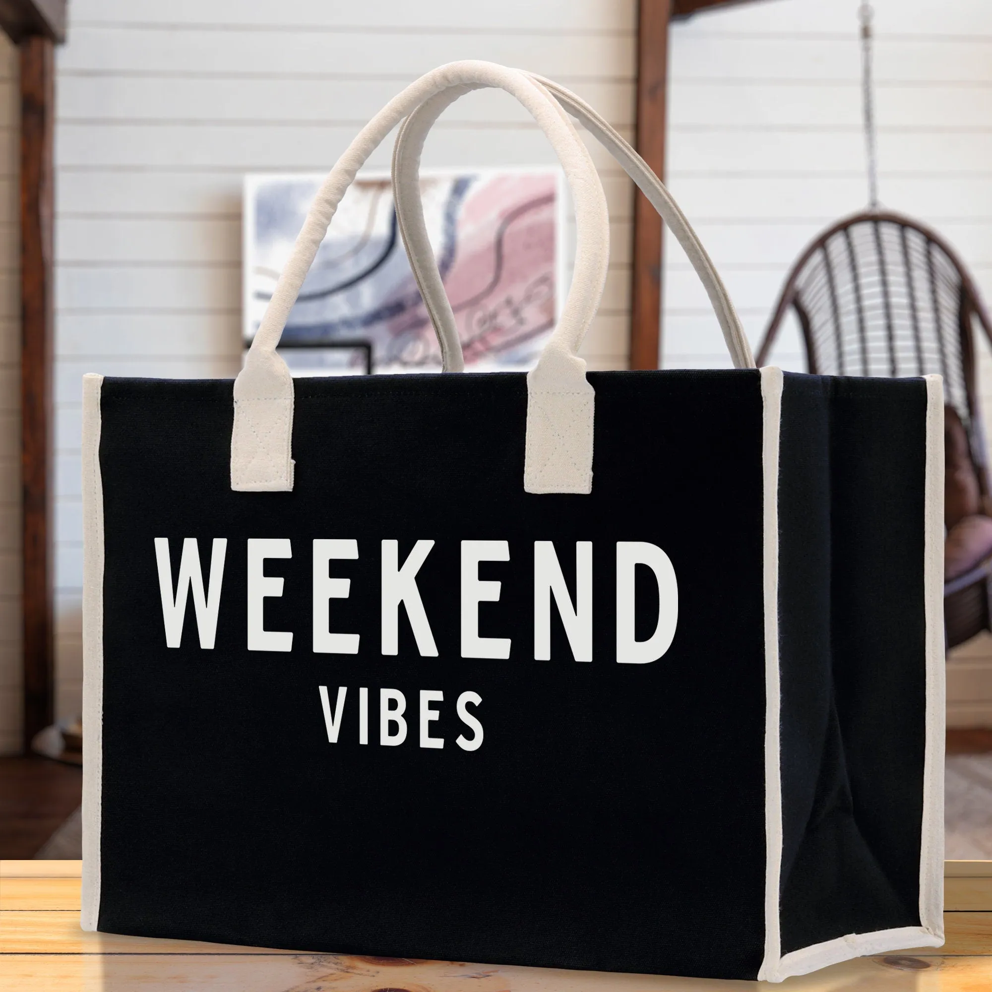 Weekend Vibes Cotton Canvas Chic Beach Tote Bag Multipurpose Tote Weekender Tote Gift for Her Outdoor Tote Vacation Tote Large Beach Bag