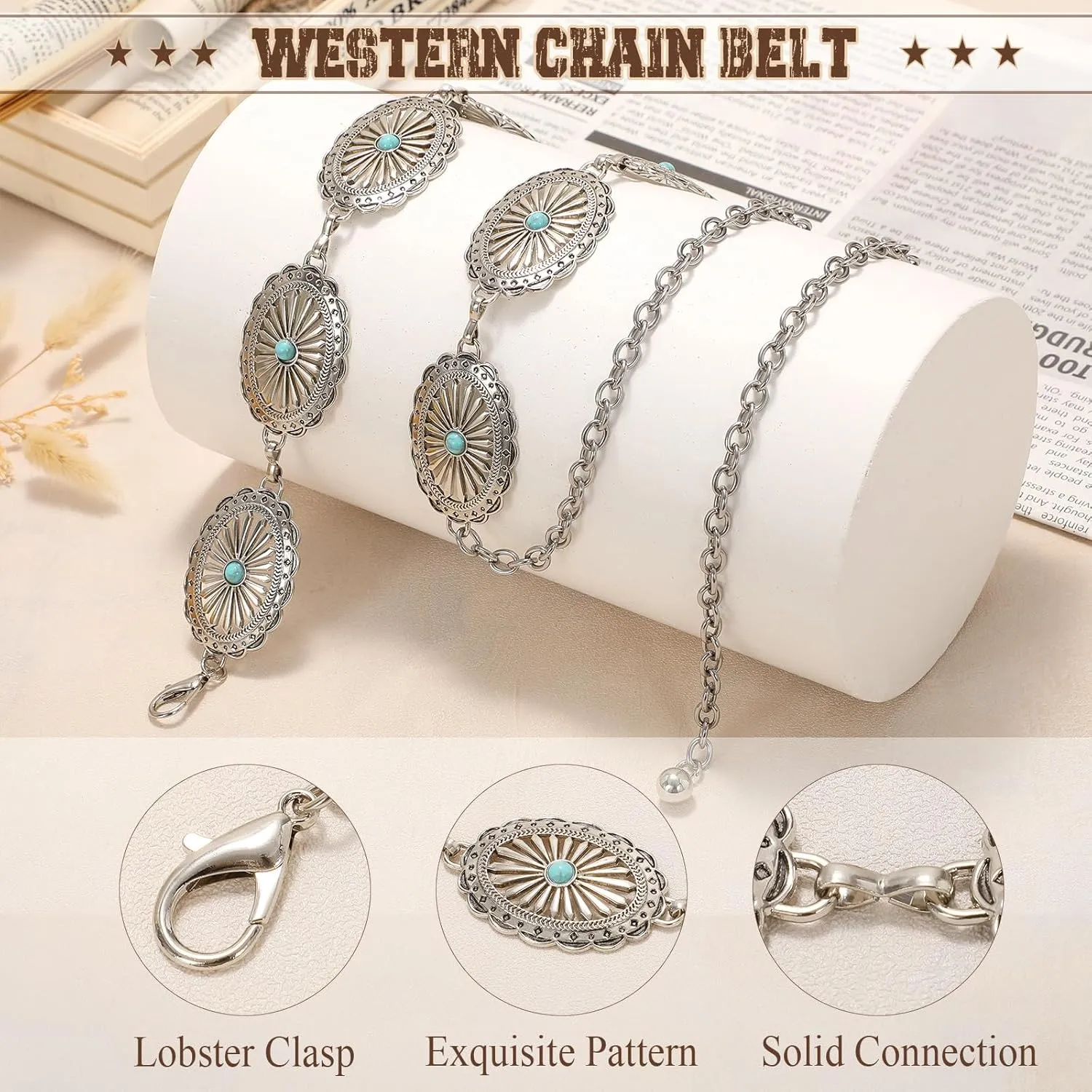 WHIPPY Western Metal Concho Belt for Women Vintage Cowgirl Boho Turquoise Chain Belts for Dresses Jeans