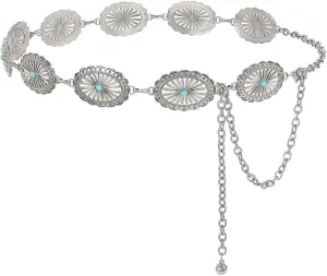 WHIPPY Western Metal Concho Belt for Women Vintage Cowgirl Boho Turquoise Chain Belts for Dresses Jeans