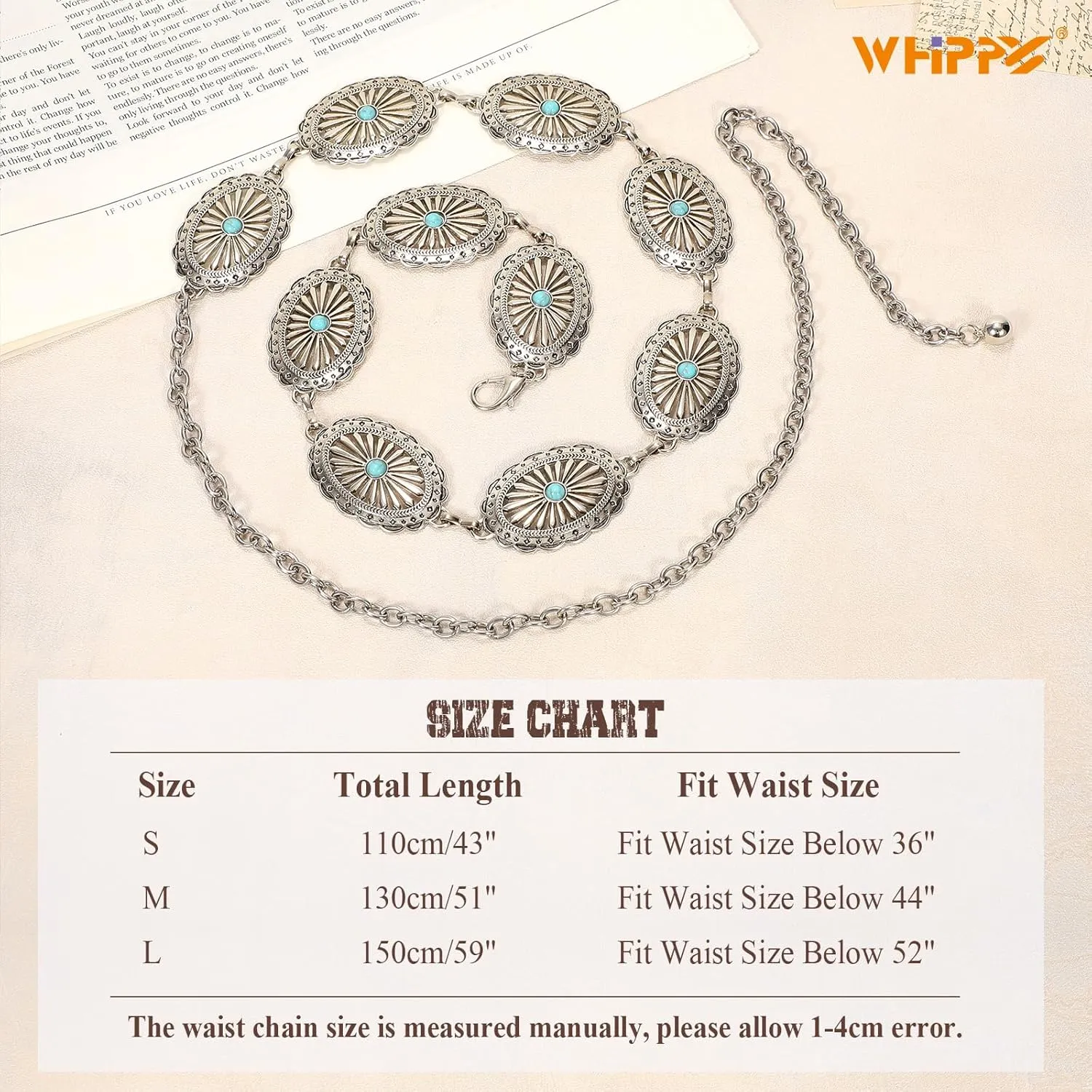 WHIPPY Western Metal Concho Belt for Women Vintage Cowgirl Boho Turquoise Chain Belts for Dresses Jeans