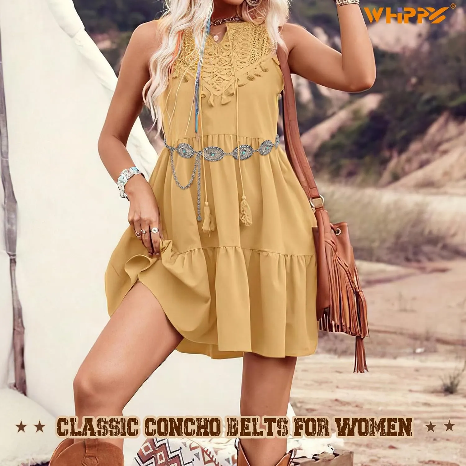 WHIPPY Western Metal Concho Belt for Women Vintage Cowgirl Boho Turquoise Chain Belts for Dresses Jeans