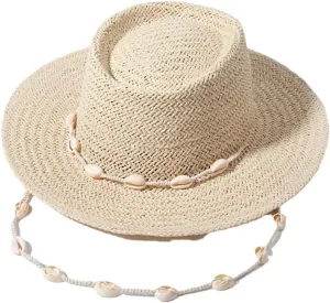 Women Summer Fashion Shell Chain Beach Hats Strape Straw Hats Sun Protection Hats Beige Chain
