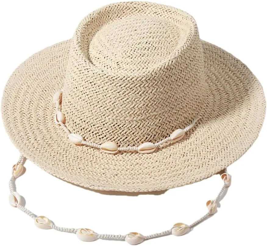 Women Summer Fashion Shell Chain Beach Hats Strape Straw Hats Sun Protection Hats Beige Chain
