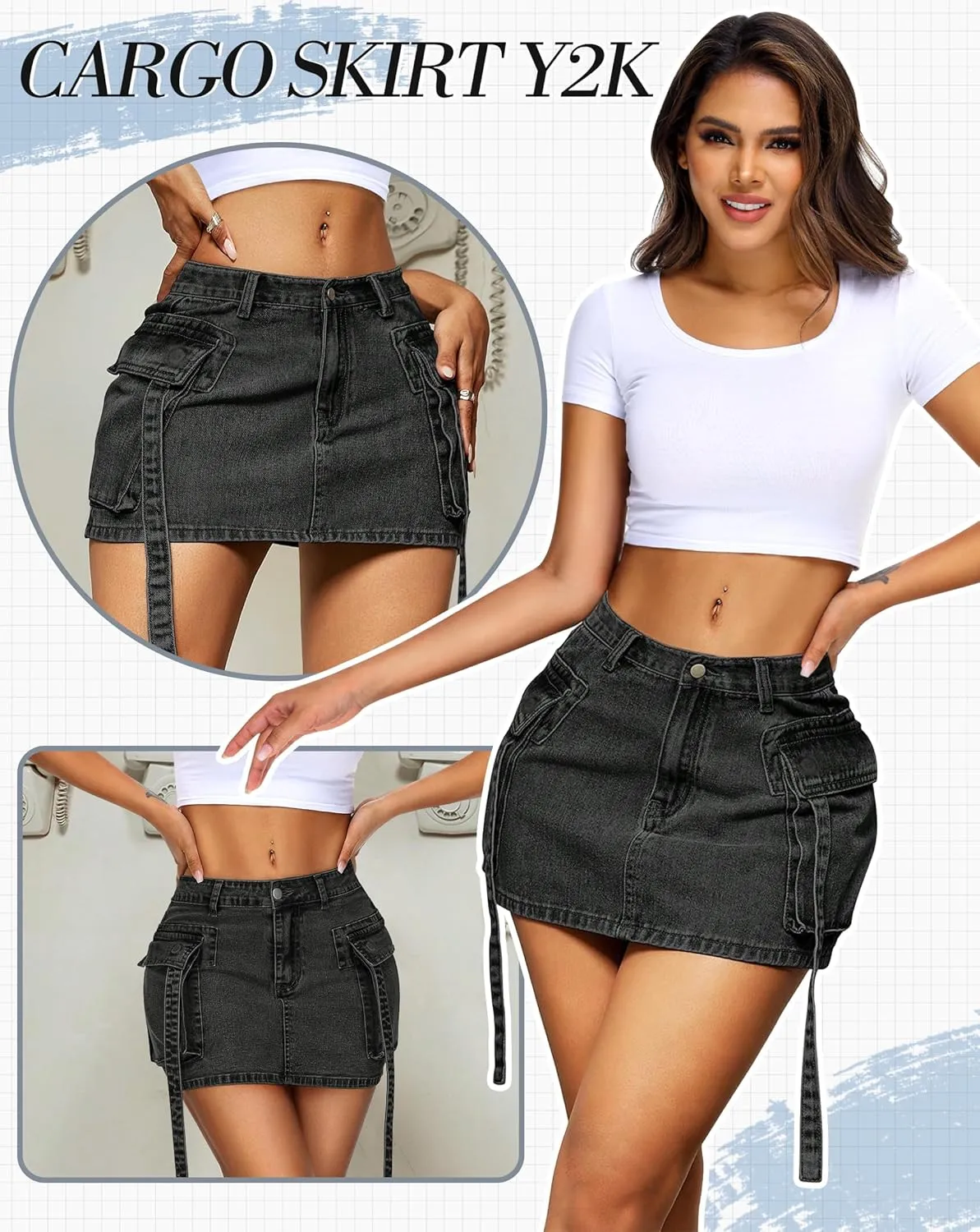 Womens Cargo Skirt Low Waist Button Denim Mini Skirt Summer Y2k Jean Skirt with Flap Pockets