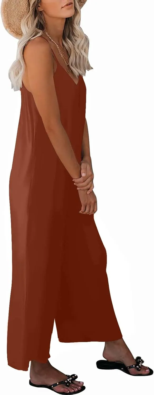 Womens Casual Sleeveless Strap Loose Adjustable Jumpsuits Stretchy Long Pants Romper with Pockets