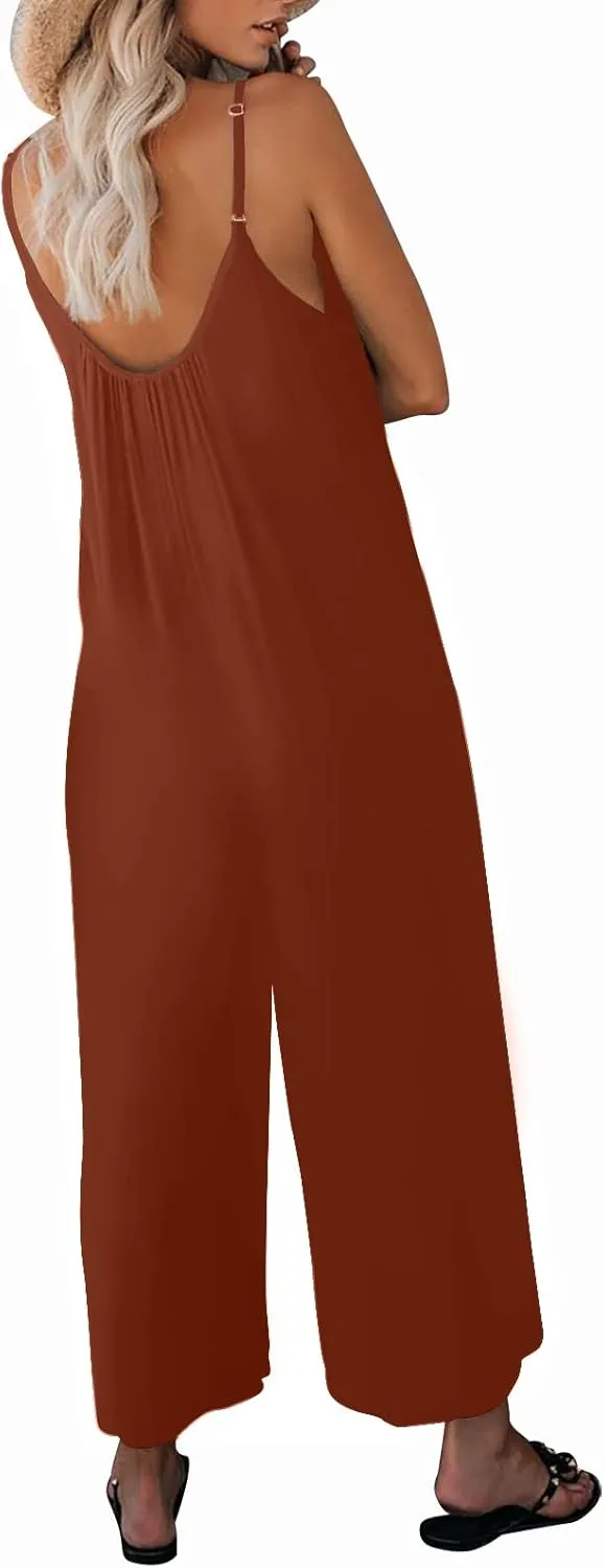 Womens Casual Sleeveless Strap Loose Adjustable Jumpsuits Stretchy Long Pants Romper with Pockets