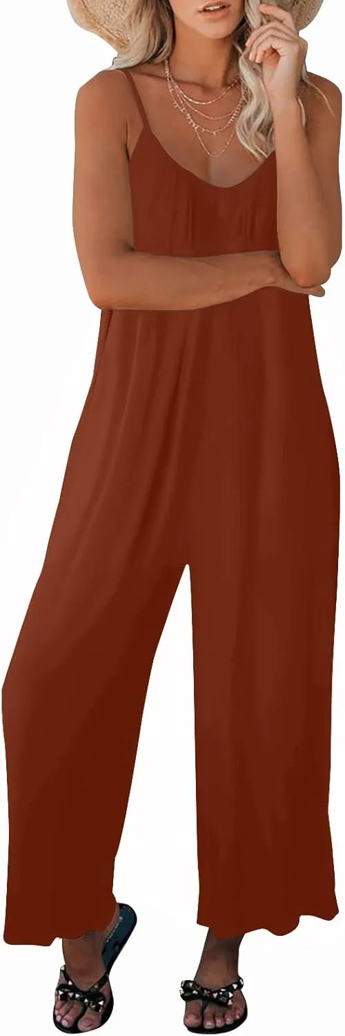 Womens Casual Sleeveless Strap Loose Adjustable Jumpsuits Stretchy Long Pants Romper with Pockets