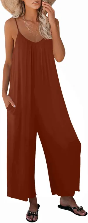 Womens Casual Sleeveless Strap Loose Adjustable Jumpsuits Stretchy Long Pants Romper with Pockets