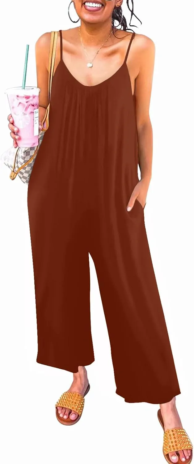 Womens Casual Sleeveless Strap Loose Adjustable Jumpsuits Stretchy Long Pants Romper with Pockets