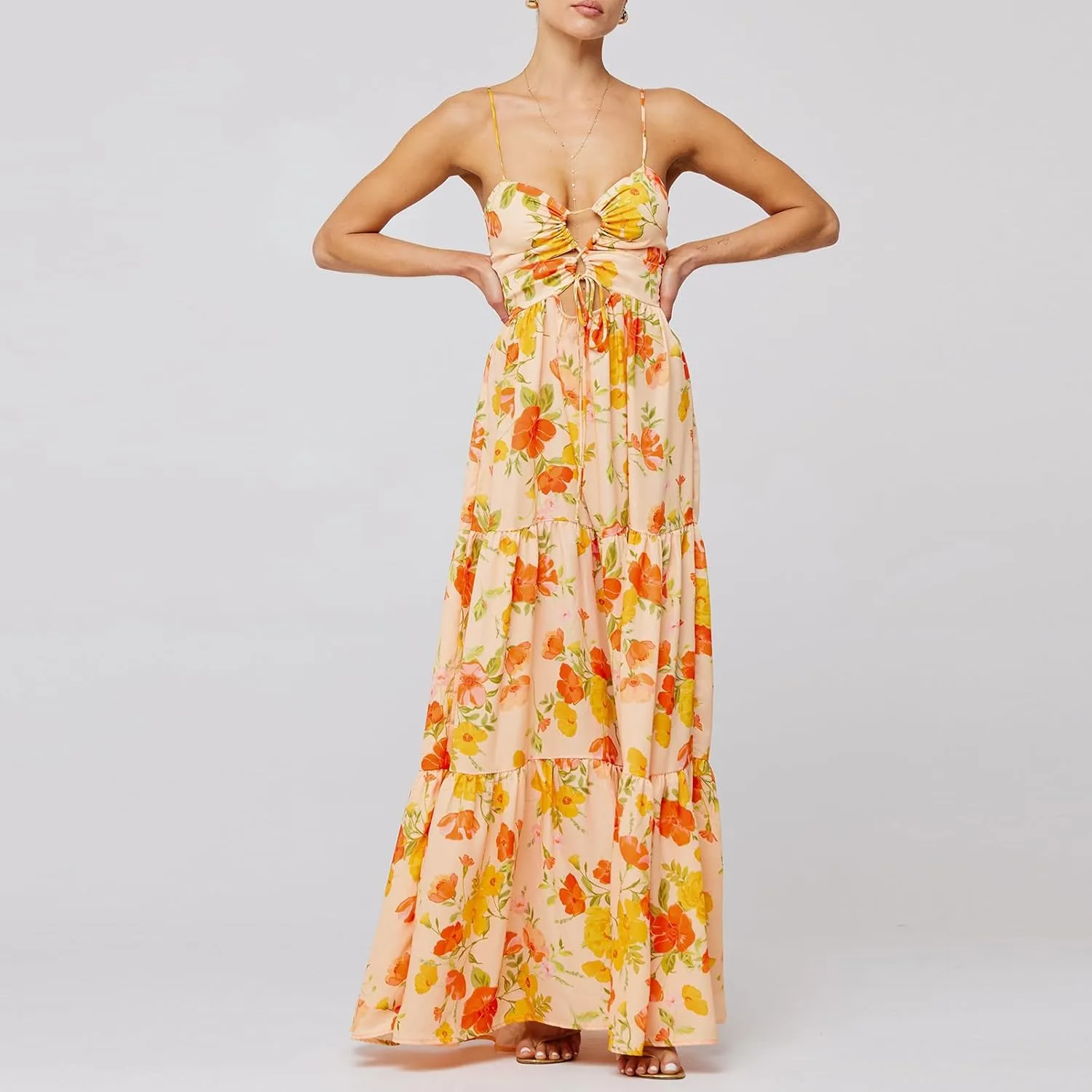 Women's Y2K Cami Long Dress Sleeveless Spaghetti Strap Cross Tie-up Front Floral Print Beach Dress