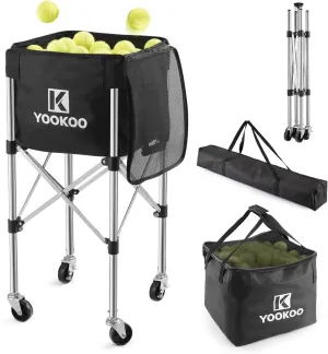 YooKoo Sturdy Tennis Ball Hopper Holds 200 Balls, Lightweight Tennis Ball Basket with 2 Lockable Wheels, Easy to Use Without Installation for Tennis Training and Teaching